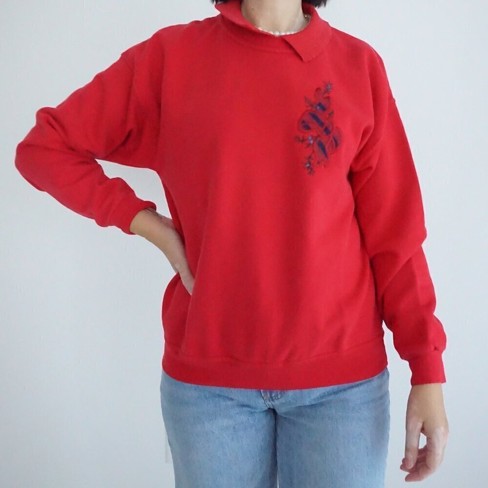 Vintage Northern Reflection Red Embroidered Christmas Collared Sweater M